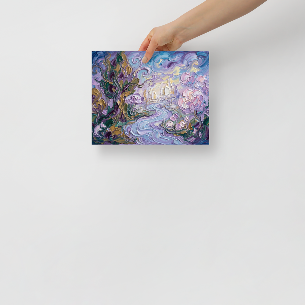 'Lavender Dreamscape' — a Post-Impressionism print. A highly textured abstract landscape painting with swirling lavender and blue skies, pastel pink flowers, and twisting trees in green and gold, perfect for a bedroom.