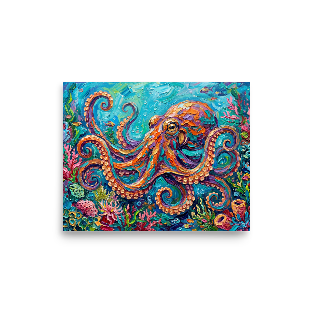 'The Vibrant Octopus' — a Impressionism print. A highly textured, colorful impasto painting of a large orange and purple octopus swimming among vibrant coral reefs in bright blue water, ideal for a bathroom or playroom.