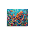 'The Vibrant Octopus' — a Impressionism print. A highly textured, colorful impasto painting of a large orange and purple octopus swimming among vibrant coral reefs in bright blue water, ideal for a bathroom or playroom.