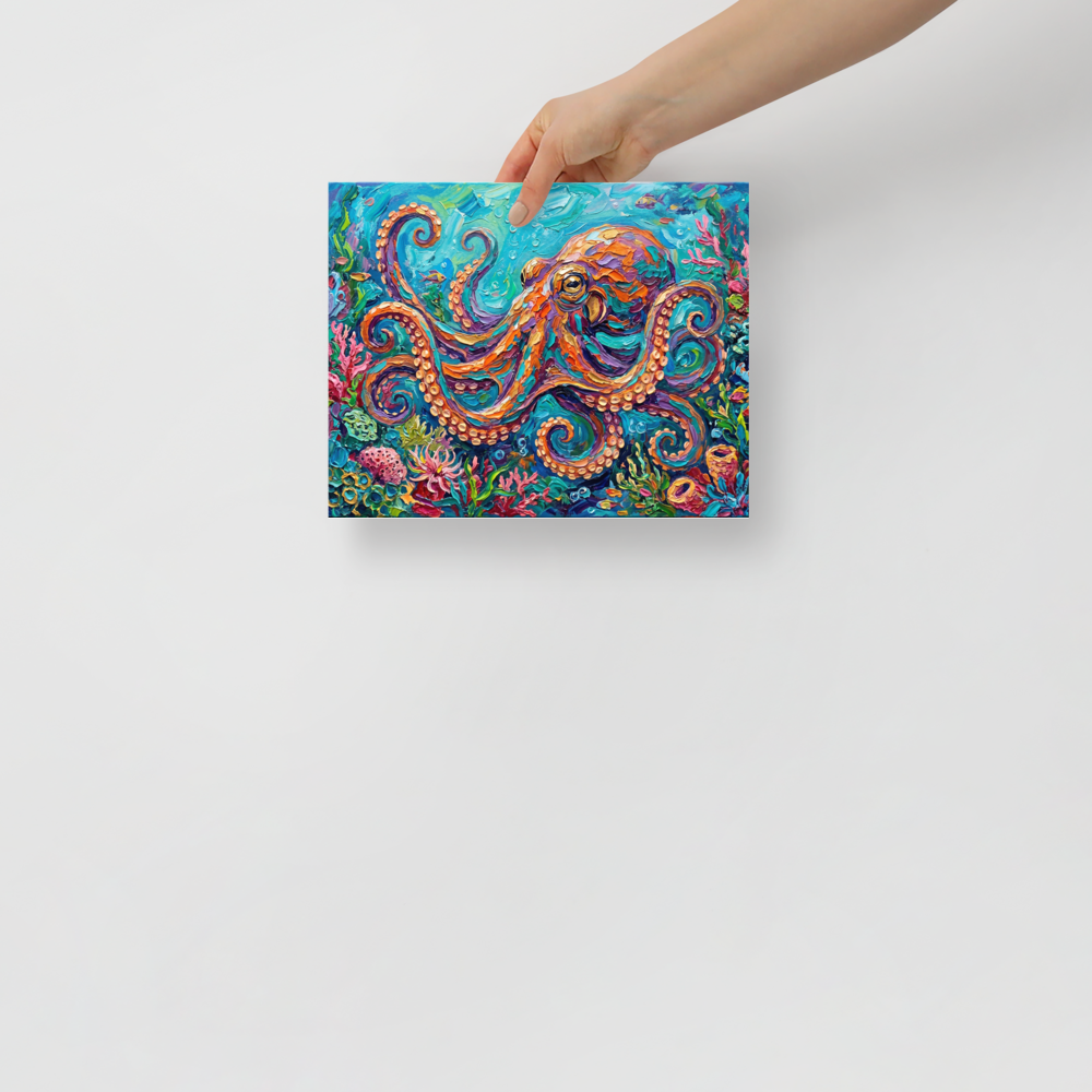 'The Vibrant Octopus' — a Impressionism print. A highly textured, colorful impasto painting of a large orange and purple octopus swimming among vibrant coral reefs in bright blue water, ideal for a bathroom or playroom.