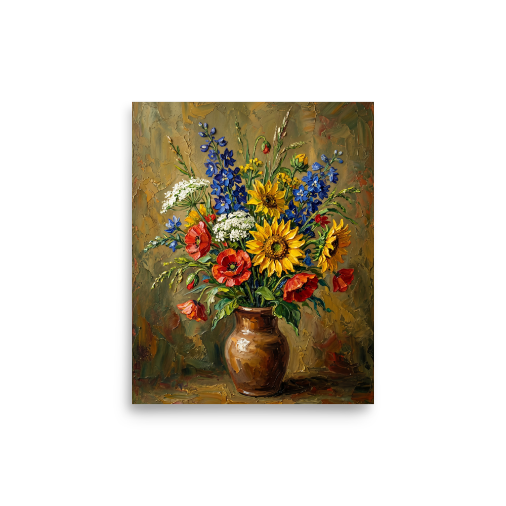 'Rustic Floral Bloom' — a Impressionism print. A textured impasto still life painting of bright yellow sunflowers, blue delphiniums, and red poppies arranged in a brown ceramic vase against a rustic background, perfect for a dining room.