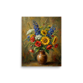 'Rustic Floral Bloom' — a Impressionism print. A textured impasto still life painting of bright yellow sunflowers, blue delphiniums, and red poppies arranged in a brown ceramic vase against a rustic background, perfect for a dining room.