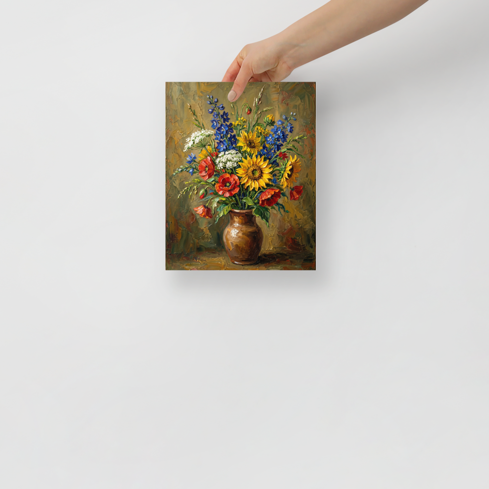 'Rustic Floral Bloom' — a Impressionism print. A textured impasto still life painting of bright yellow sunflowers, blue delphiniums, and red poppies arranged in a brown ceramic vase against a rustic background, perfect for a dining room.