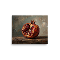 'The Open Pomegranate' — a Realism print. A highly textured still life oil painting of a pomegranate sliced open to reveal gleaming red seeds, resting on a rustic wooden table against a dark background, perfect for a kitchen or dining room.