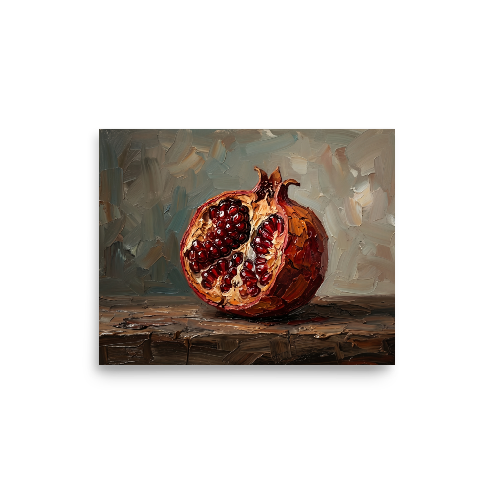 'The Open Pomegranate' — a Realism print. A highly textured still life oil painting of a pomegranate sliced open to reveal gleaming red seeds, resting on a rustic wooden table against a dark background, perfect for a kitchen or dining room.