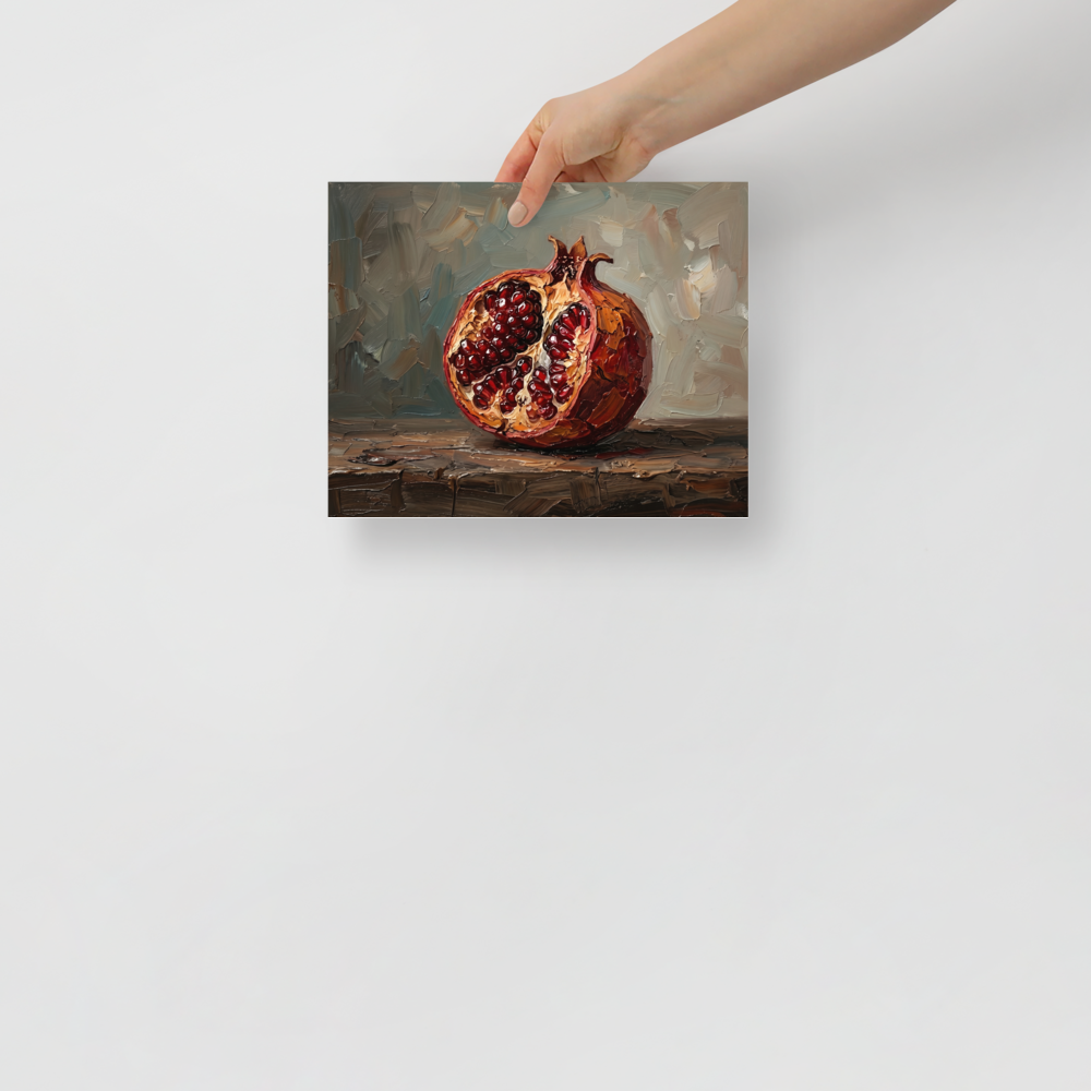 'The Open Pomegranate' — a Realism print. A highly textured still life oil painting of a pomegranate sliced open to reveal gleaming red seeds, resting on a rustic wooden table against a dark background, perfect for a kitchen or dining room.