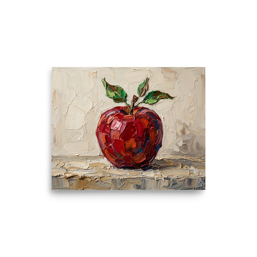 'The Impasto Apple' — a Impressionism print. A highly textured oil painting of a single bright red apple with green leaves, rendered with thick impasto strokes on a textured beige background, perfect for a kitchen.