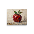 'The Impasto Apple' — a Impressionism print. A highly textured oil painting of a single bright red apple with green leaves, rendered with thick impasto strokes on a textured beige background, perfect for a kitchen.