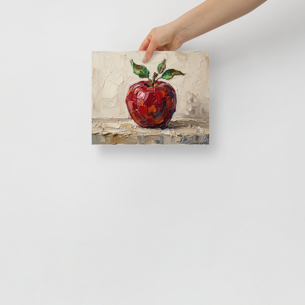 'The Impasto Apple' — a Impressionism print. A highly textured oil painting of a single bright red apple with green leaves, rendered with thick impasto strokes on a textured beige background, perfect for a kitchen.