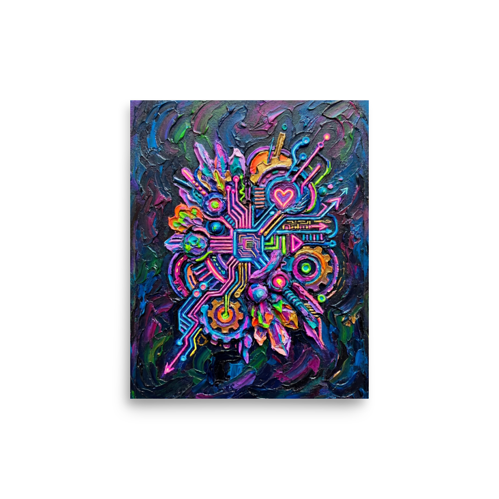 'Neon Circuit Heart' — a Modernism print. A vibrant abstract impasto painting featuring a glowing neon heart surrounded by intricate circuit board patterns in bright pink, blue, green, and gold against a dark background, ideal for a game room or office.