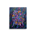'Neon Circuit Heart' — a Modernism print. A vibrant abstract impasto painting featuring a glowing neon heart surrounded by intricate circuit board patterns in bright pink, blue, green, and gold against a dark background, ideal for a game room or office.
