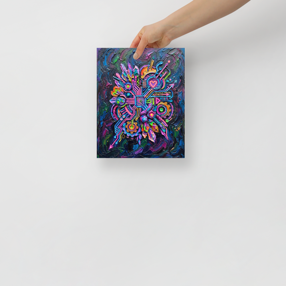 'Neon Circuit Heart' — a Modernism print. A vibrant abstract impasto painting featuring a glowing neon heart surrounded by intricate circuit board patterns in bright pink, blue, green, and gold against a dark background, ideal for a game room or office.