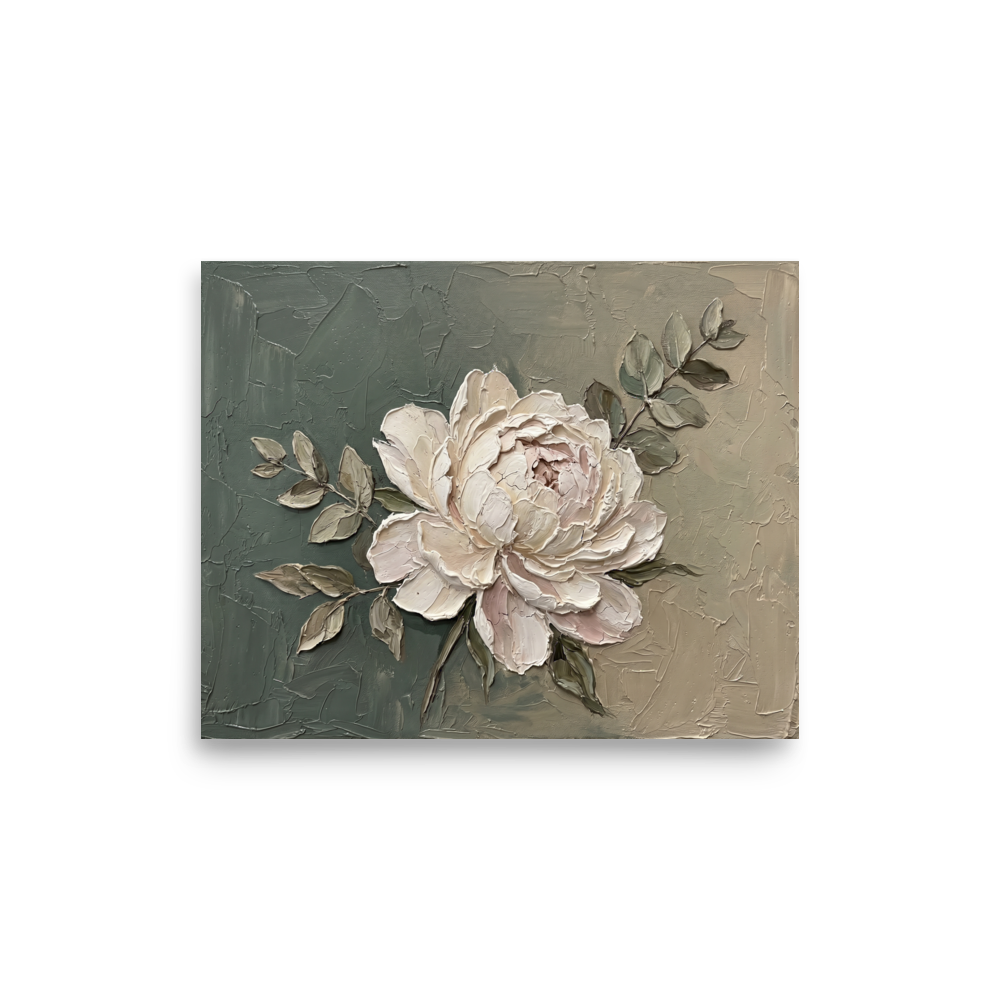 'Textured White Peony' — a Impressionism print. An elegant impasto painting of a large white peony flower with delicate green leaves against a textured olive and grey background, perfect for a bedroom or living room.