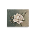 'Textured White Peony' — a Impressionism print. An elegant impasto painting of a large white peony flower with delicate green leaves against a textured olive and grey background, perfect for a bedroom or living room.