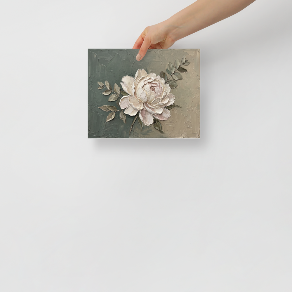 'Textured White Peony' — a Impressionism print. An elegant impasto painting of a large white peony flower with delicate green leaves against a textured olive and grey background, perfect for a bedroom or living room.