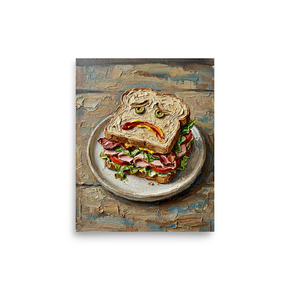 'The Melancholy Meal' — a Expressionism print. An impasto painting of a sandwich with a sad face drawn in condiments, suited for a quirky Kitchen or Dining Room.