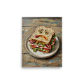 'The Melancholy Meal' — a Expressionism print. An impasto painting of a sandwich with a sad face drawn in condiments, suited for a quirky Kitchen or Dining Room.