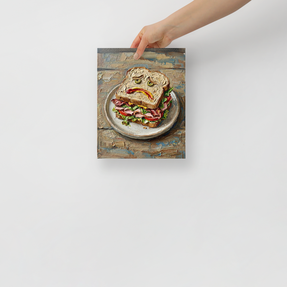 'The Melancholy Meal' — a Expressionism print. An impasto painting of a sandwich with a sad face drawn in condiments, suited for a quirky Kitchen or Dining Room.