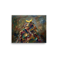 'The Pinnacle' — a Expressionism print. An impasto painting of a yellow banana sitting on top of a chaotic pile of colorful paint strokes, suited for a modern Dining Room.