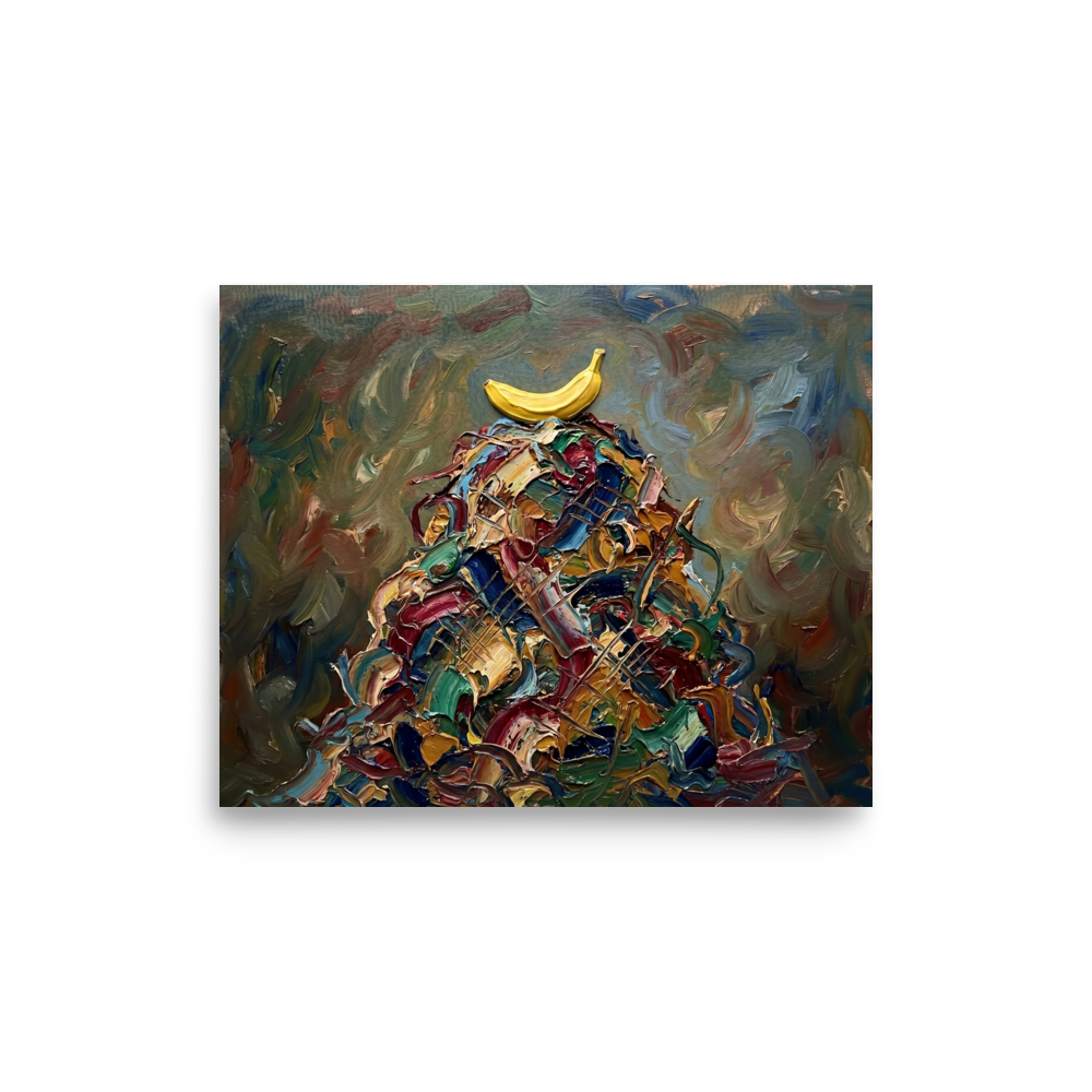 'The Pinnacle' — a Expressionism print. An impasto painting of a yellow banana sitting on top of a chaotic pile of colorful paint strokes, suited for a modern Dining Room.