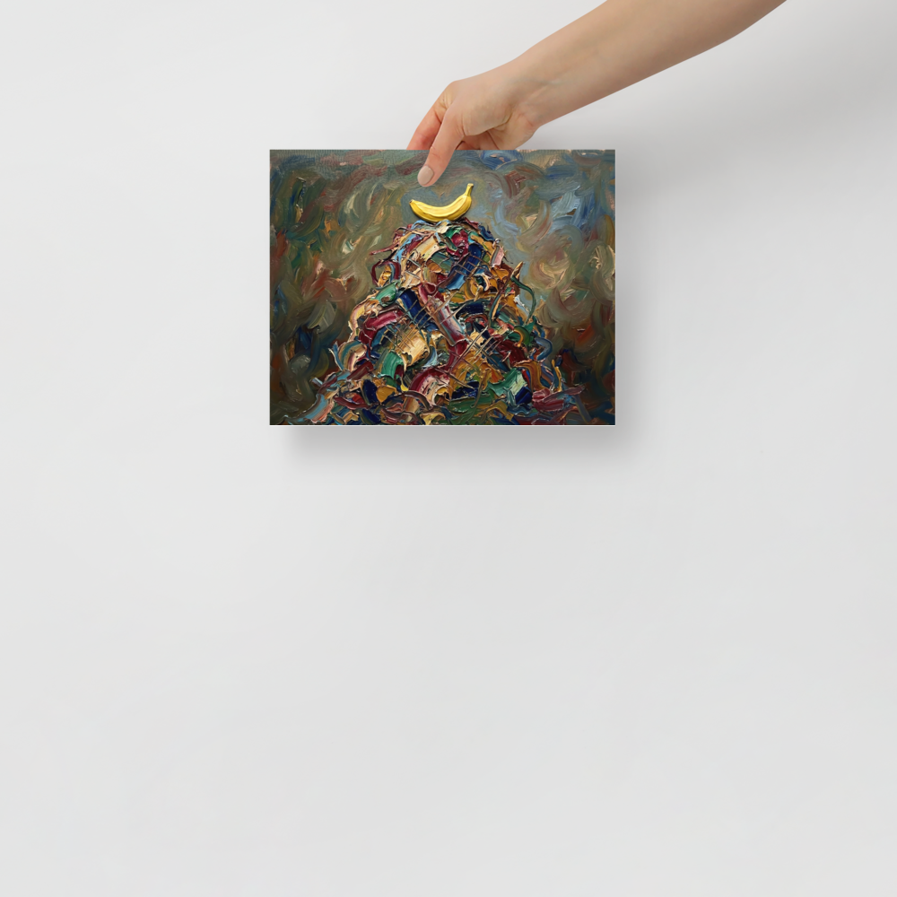 'The Pinnacle' — a Expressionism print. An impasto painting of a yellow banana sitting on top of a chaotic pile of colorful paint strokes, suited for a modern Dining Room.
