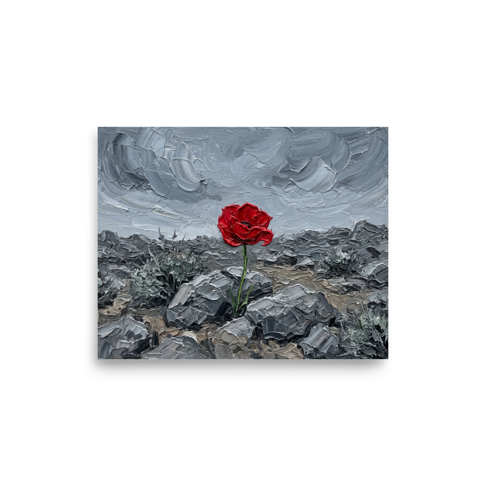 'Resilience in Stone' — a Symbolism print. An impasto painting of a single red poppy blooming in gray rocks, offering a powerful statement piece for a Bedroom.