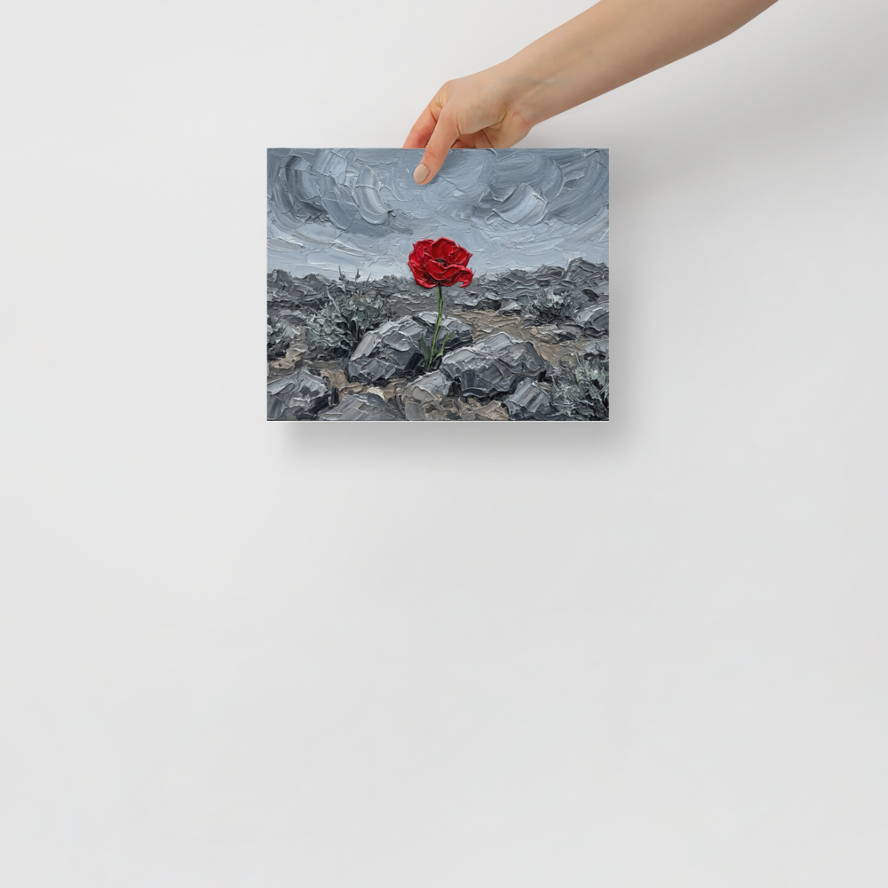 'Resilience in Stone' — a Symbolism print. An impasto painting of a single red poppy blooming in gray rocks, offering a powerful statement piece for a Bedroom.