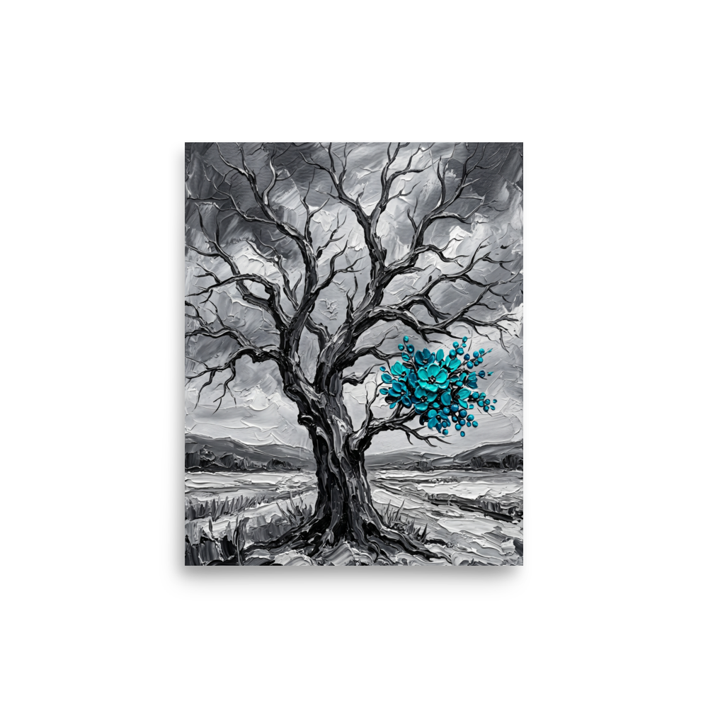 'Winter's Bloom' — a Surrealism print. An impasto painting of a black and white tree with bright turquoise flowers, ideal for a modern Living Room.