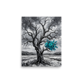 'Winter's Bloom' — a Surrealism print. An impasto painting of a black and white tree with bright turquoise flowers, ideal for a modern Living Room.