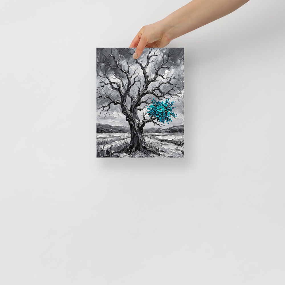 'Winter's Bloom' — a Surrealism print. An impasto painting of a black and white tree with bright turquoise flowers, ideal for a modern Living Room.