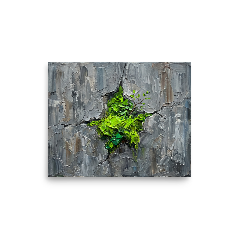 'Life Finds a Way' — a Realism print. An impasto painting of bright green leaves growing from cracked gray rock, perfect for bringing life to a Bathroom.