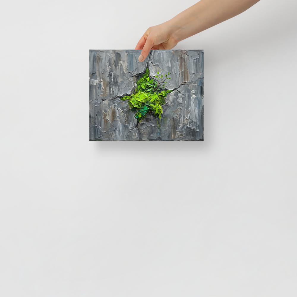 'Life Finds a Way' — a Realism print. An impasto painting of bright green leaves growing from cracked gray rock, perfect for bringing life to a Bathroom.