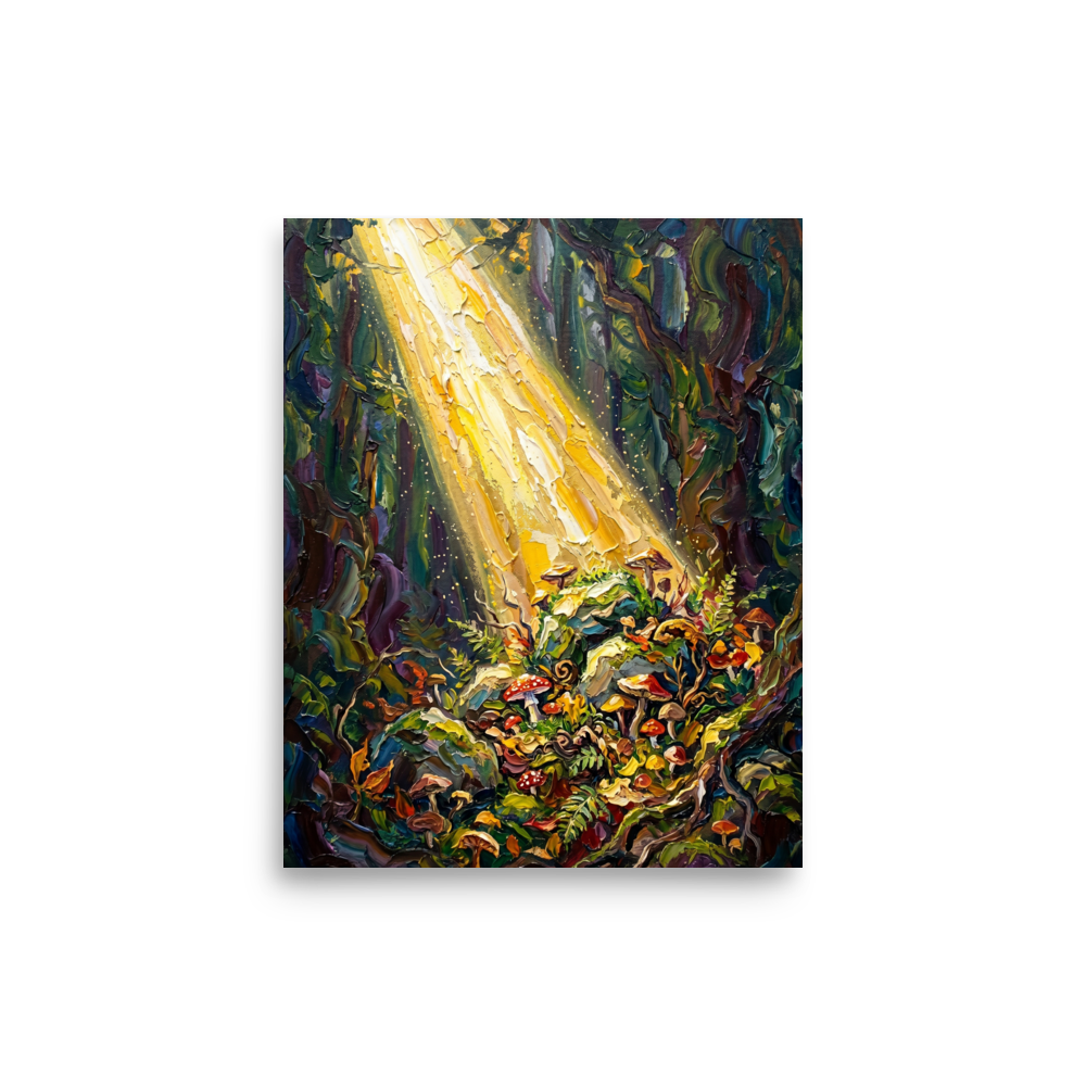 'Forest Illumination' — a Impressionism print. An impasto painting of sunlight hitting colorful mushrooms in a dark forest, bringing magic to a Bedroom.