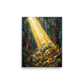 'Forest Illumination' — a Impressionism print. An impasto painting of sunlight hitting colorful mushrooms in a dark forest, bringing magic to a Bedroom.