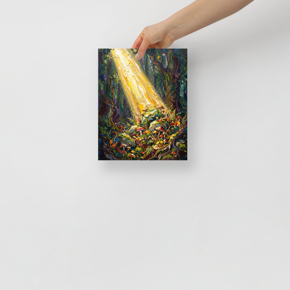 'Forest Illumination' — a Impressionism print. An impasto painting of sunlight hitting colorful mushrooms in a dark forest, bringing magic to a Bedroom.