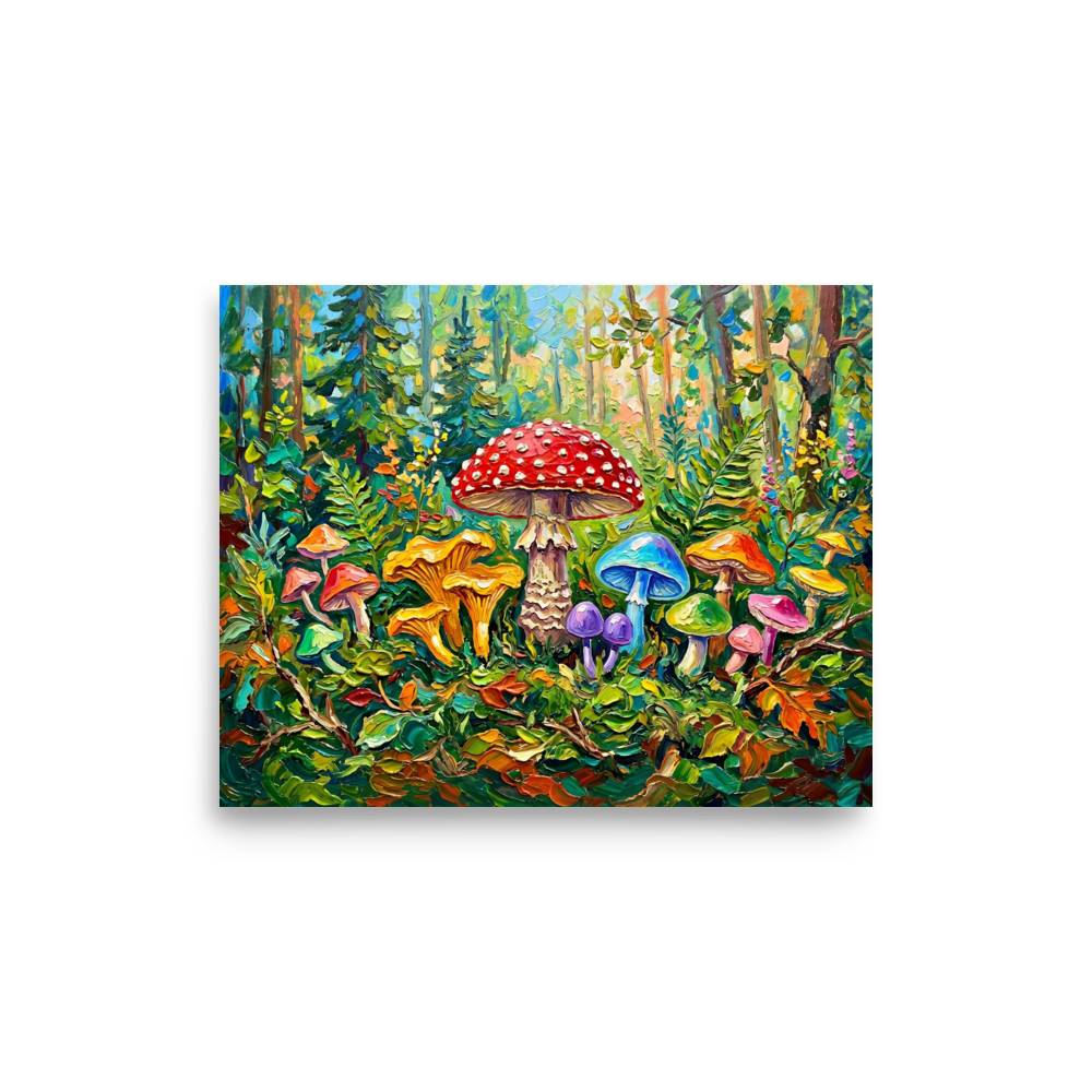'The Enchanted Grove' — a Fauvism print. An impasto painting of bright, colorful mushrooms in a vibrant green forest, perfect for a Playroom.