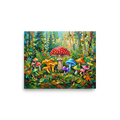 'The Enchanted Grove' — a Fauvism print. An impasto painting of bright, colorful mushrooms in a vibrant green forest, perfect for a Playroom.