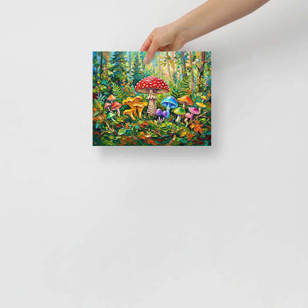 'The Enchanted Grove' — a Fauvism print. An impasto painting of bright, colorful mushrooms in a vibrant green forest, perfect for a Playroom.