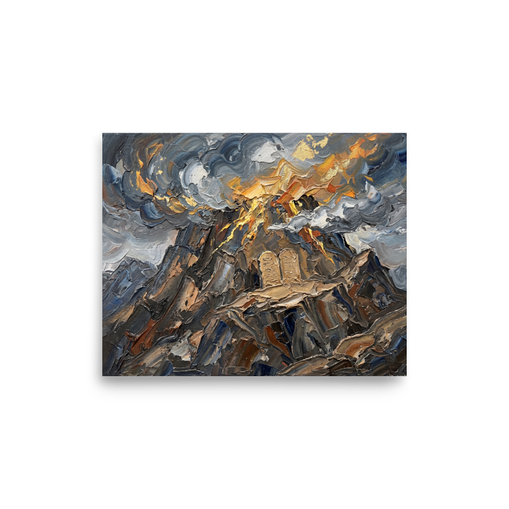 'The Covenant on Sinai' — a Symbolism print. An impasto painting of the Ten Commandments on a fiery mountain with gold accents, perfect for a Prayer Room.