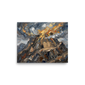 'The Covenant on Sinai' — a Symbolism print. An impasto painting of the Ten Commandments on a fiery mountain with gold accents, perfect for a Prayer Room.