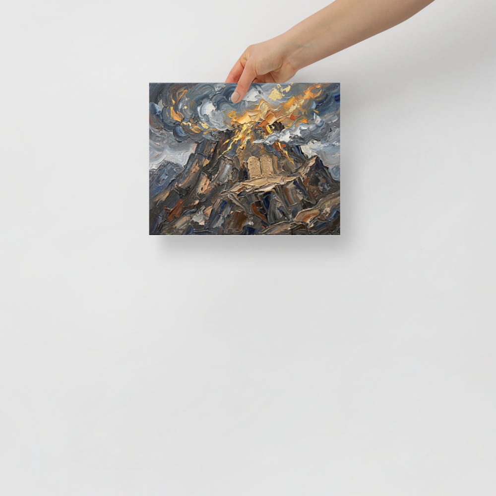 'The Covenant on Sinai' — a Symbolism print. An impasto painting of the Ten Commandments on a fiery mountain with gold accents, perfect for a Prayer Room.