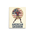 'The American Gridiron' — a Pop art print. A vintage-style graphic of an American football player against a distressed flag backdrop, ideal for a lively Game Room.