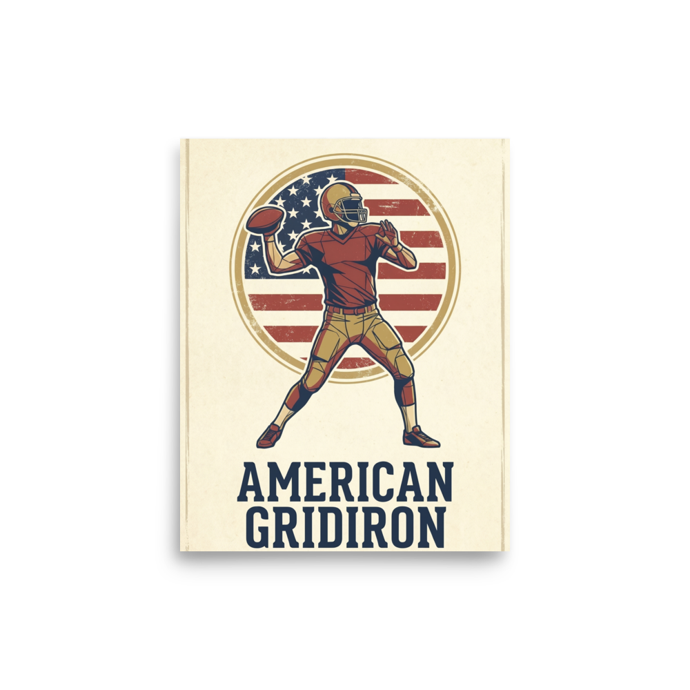'The American Gridiron' — a Pop art print. A vintage-style graphic of an American football player against a distressed flag backdrop, ideal for a lively Game Room.