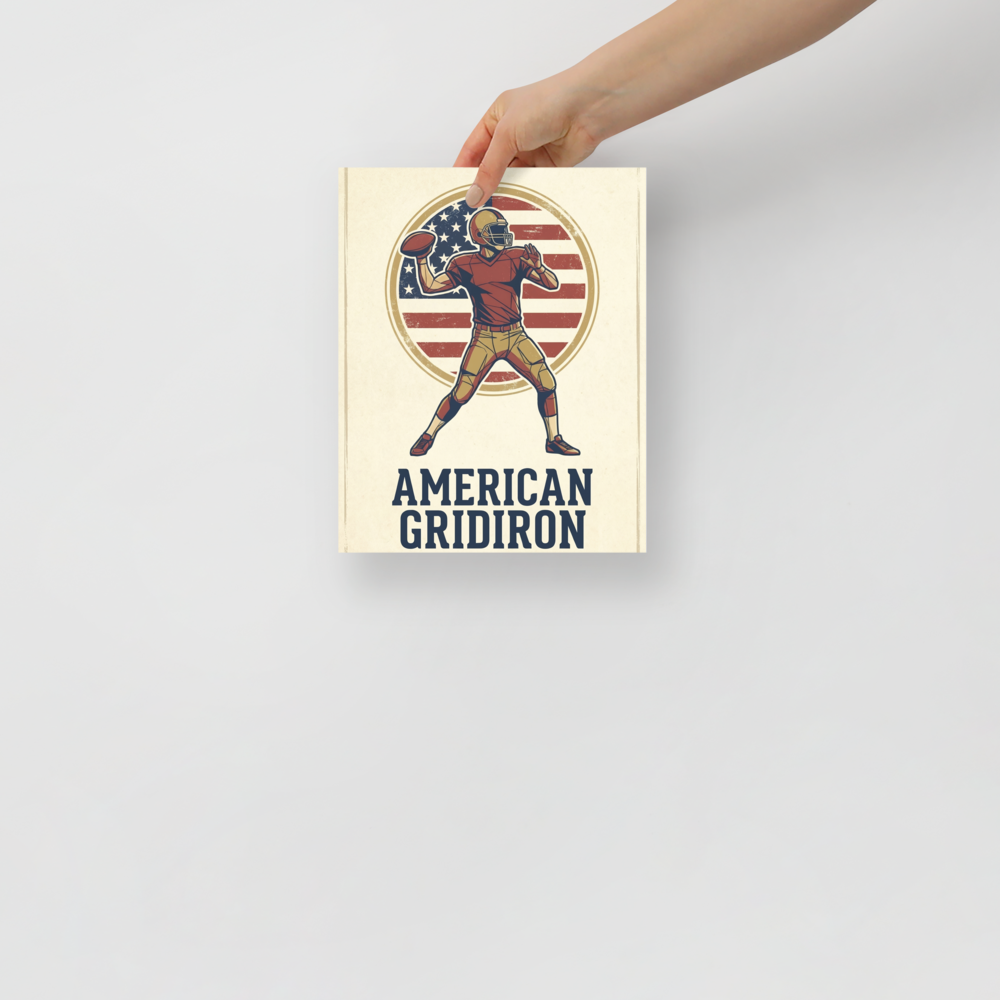 'The American Gridiron' — a Pop art print. A vintage-style graphic of an American football player against a distressed flag backdrop, ideal for a lively Game Room.