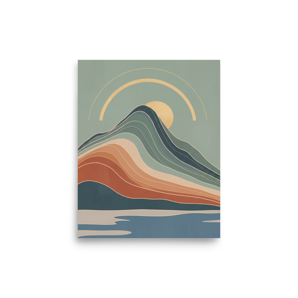'Boho Horizon' — a Geometric abstract art,Modernism print. An abstract mid-century landscape with sweeping mountain curves and a setting sun, an elegant piece for a Living Room.