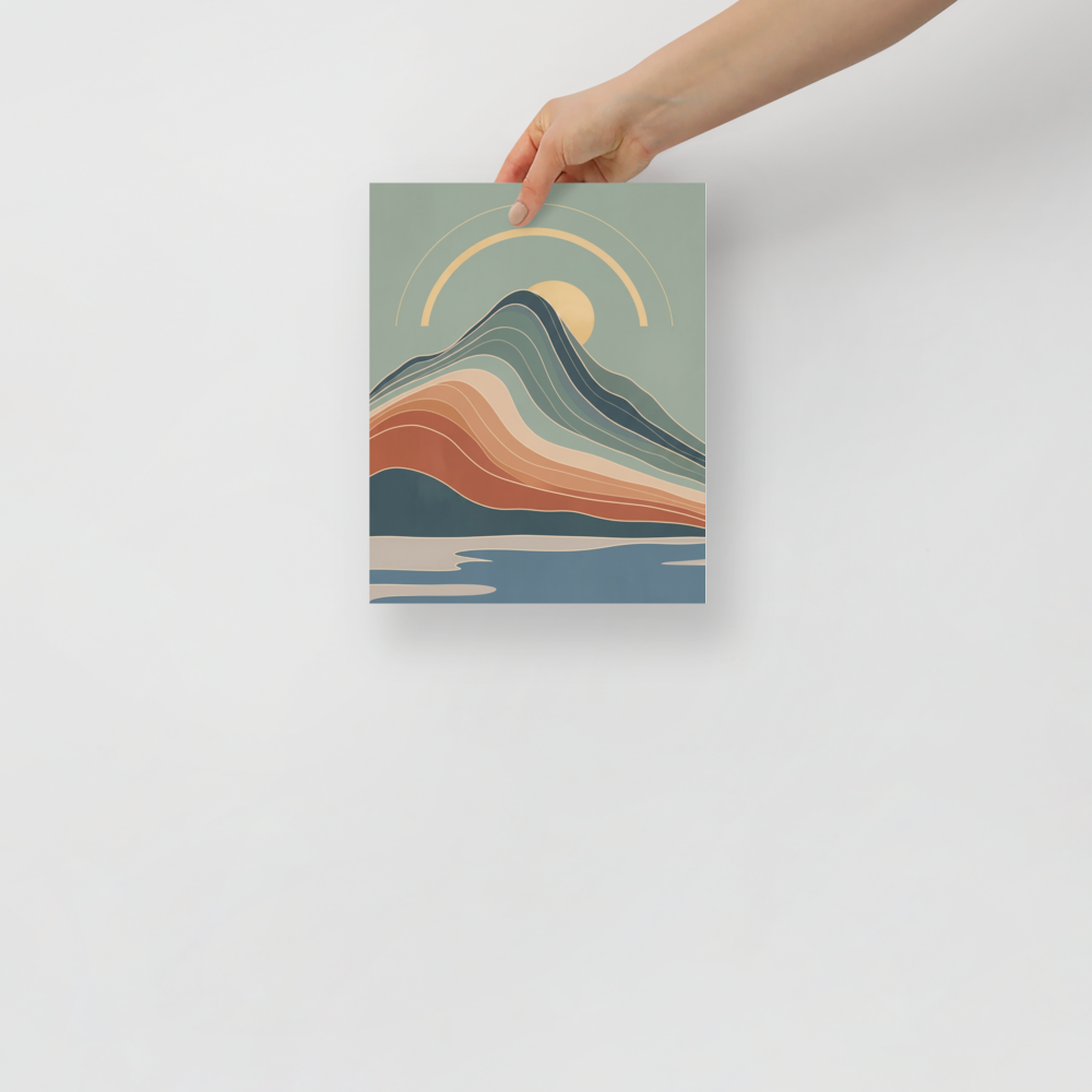 'Boho Horizon' — a Geometric abstract art,Modernism print. An abstract mid-century landscape with sweeping mountain curves and a setting sun, an elegant piece for a Living Room.