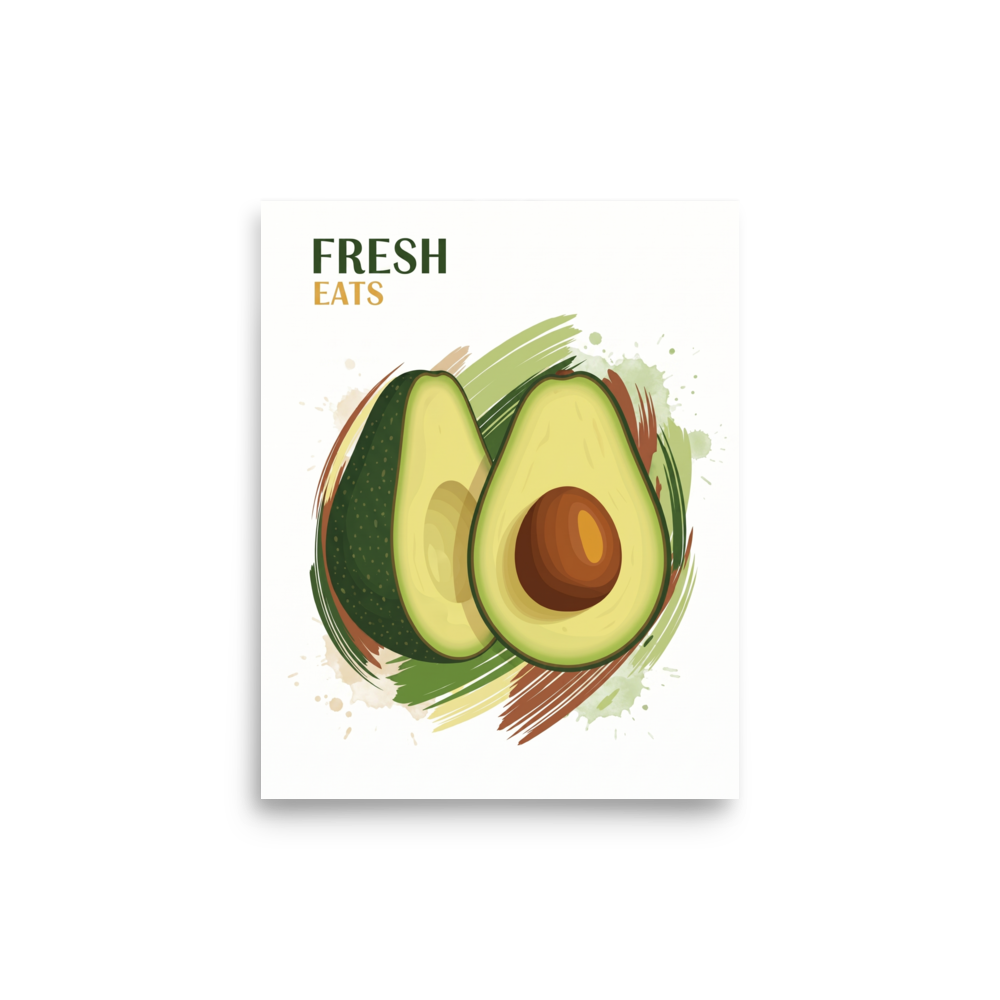'Fresh Eats Avocado' — a Pop art,Digital art print. An appetizing illustration of an avocado half with watercolor brushstrokes and 'Fresh Eats' text, a lively addition to a Kitchen.