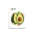 'Fresh Eats Avocado' — a Pop art,Digital art print. An appetizing illustration of an avocado half with watercolor brushstrokes and 'Fresh Eats' text, a lively addition to a Kitchen.