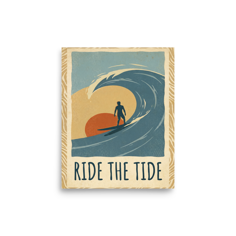 'Ride the Tide' — a Pop art,Digital art print. A vintage illustration of a surfer riding a large wave against a warm sunset with the text 'Ride The Tide', a nostalgic piece for a Living Room.