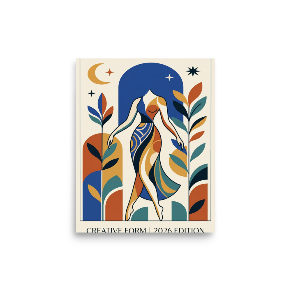 'Creative Form Under the Stars' — a Geometric abstract art,Modernism print. An abstract geometric portrait of a woman beneath a moonlit sky, a striking focal point for a Living Room.